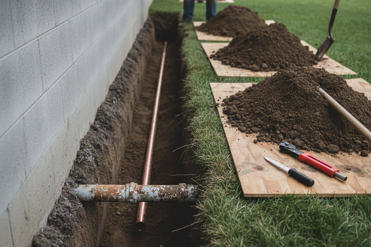 Excavated water line trench during Sewer Line Repair in Ashburnham